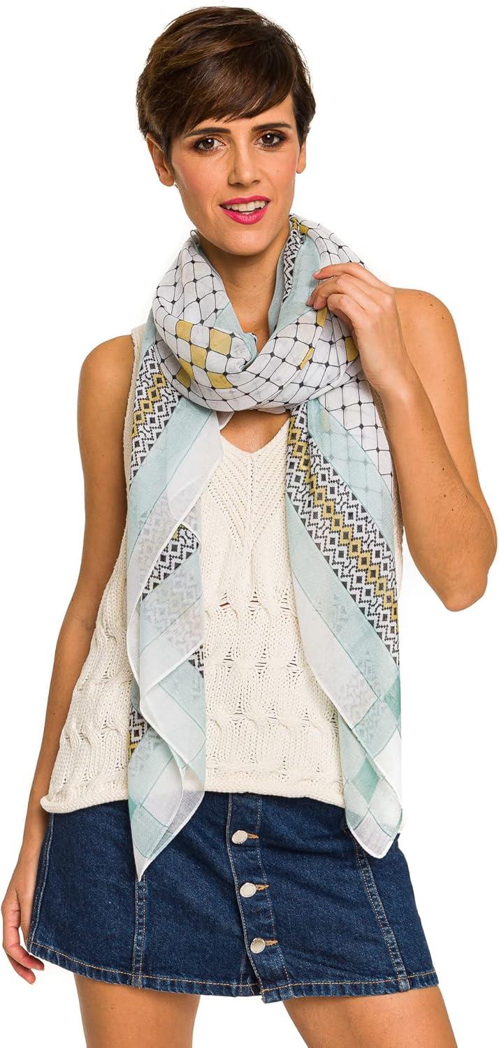 imageMELIFLUOS DESIGNED IN SPAIN Scarf for Women Lightweight Geometric Fashion For Summer Fall Scarves Shawl WrapsMadrid Collection 1  White and Aqua Geometric