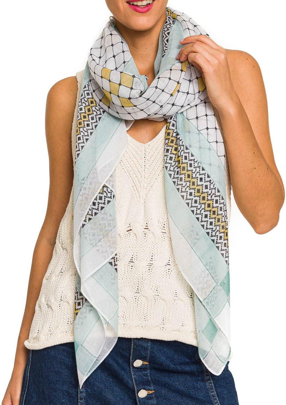 imageMELIFLUOS DESIGNED IN SPAIN Scarf for Women Lightweight Geometric Fashion For Summer Fall Scarves Shawl WrapsMadrid Collection 1  White and Aqua Geometric