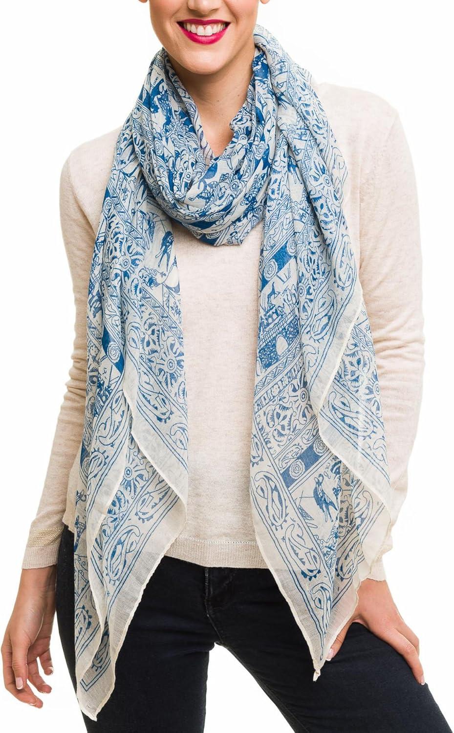 imageMELIFLUOS DESIGNED IN SPAIN Scarf for Women Lightweight Geometric Fashion For Summer Fall Scarves Shawl WrapsMadrid Collections 19  White Blue Design