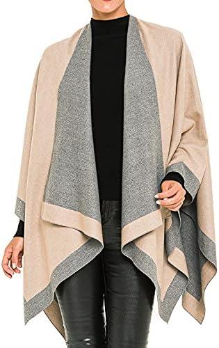 imageWomens Shawl Wrap Poncho Ruana Cape Cardigan Sweater Open Front for Fall WinterBorder Color Designs  Beige and Gray
