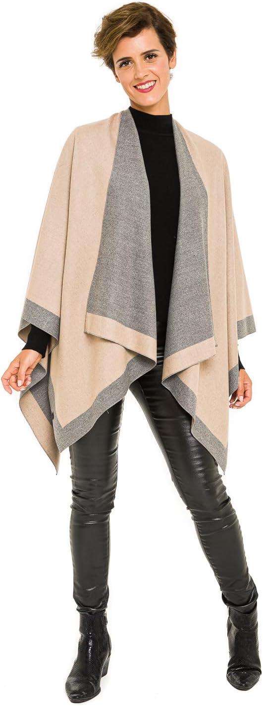 imageWomens Shawl Wrap Poncho Ruana Cape Cardigan Sweater Open Front for Fall WinterBorder Color Designs  Beige and Gray
