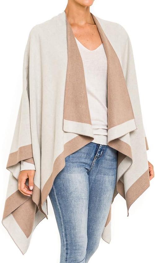 imageWomens Shawl Wrap Poncho Ruana Cape Cardigan Sweater Open Front for Fall WinterBorder Color Designs  Off White and Beige