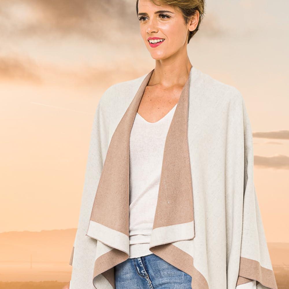 imageWomens Shawl Wrap Poncho Ruana Cape Cardigan Sweater Open Front for Fall WinterBorder Color Designs  Off White and Beige