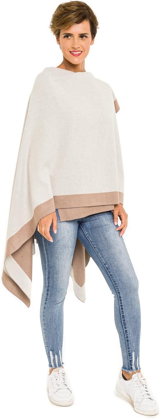 imageWomens Shawl Wrap Poncho Ruana Cape Cardigan Sweater Open Front for Fall WinterBorder Color Designs  Off White and Beige