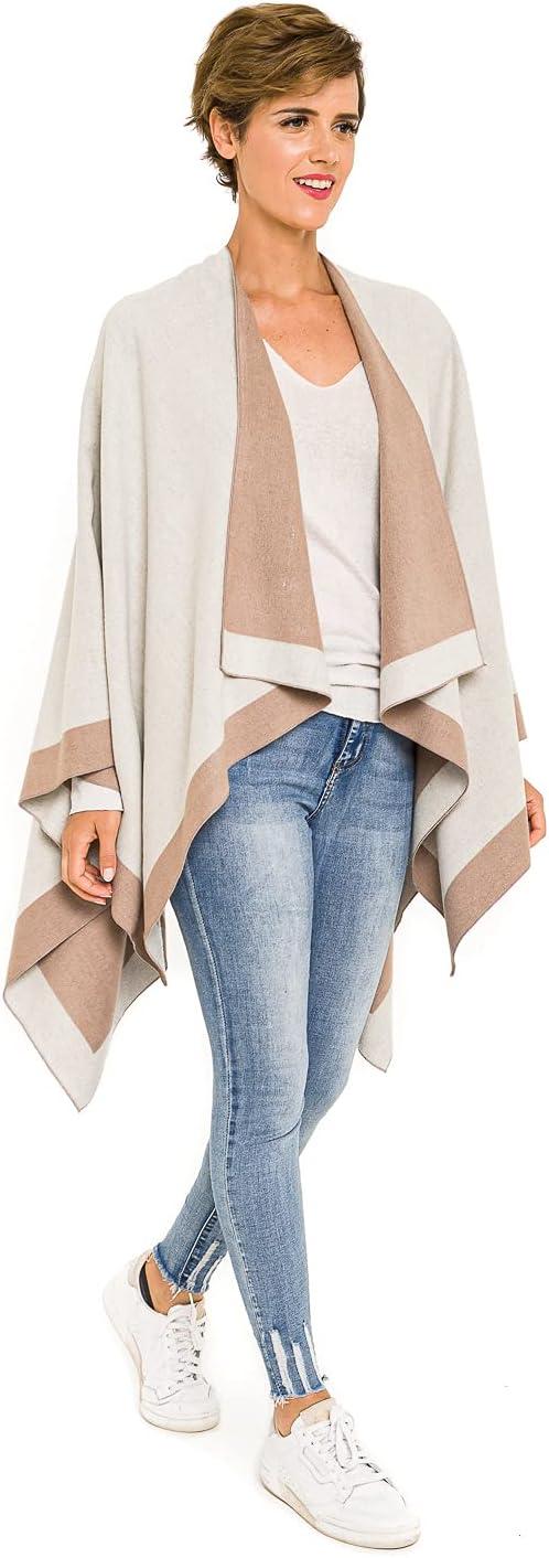 imageWomens Shawl Wrap Poncho Ruana Cape Cardigan Sweater Open Front for Fall WinterBorder Color Designs  Off White and Beige