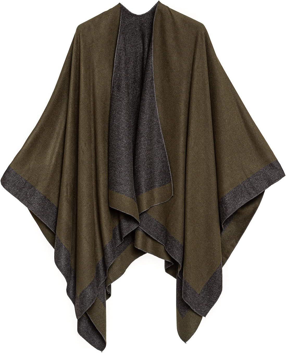 imageWomens Shawl Wrap Poncho Ruana Cape Cardigan Sweater Open Front for Fall WinterBorder Design  Army Green and Gray