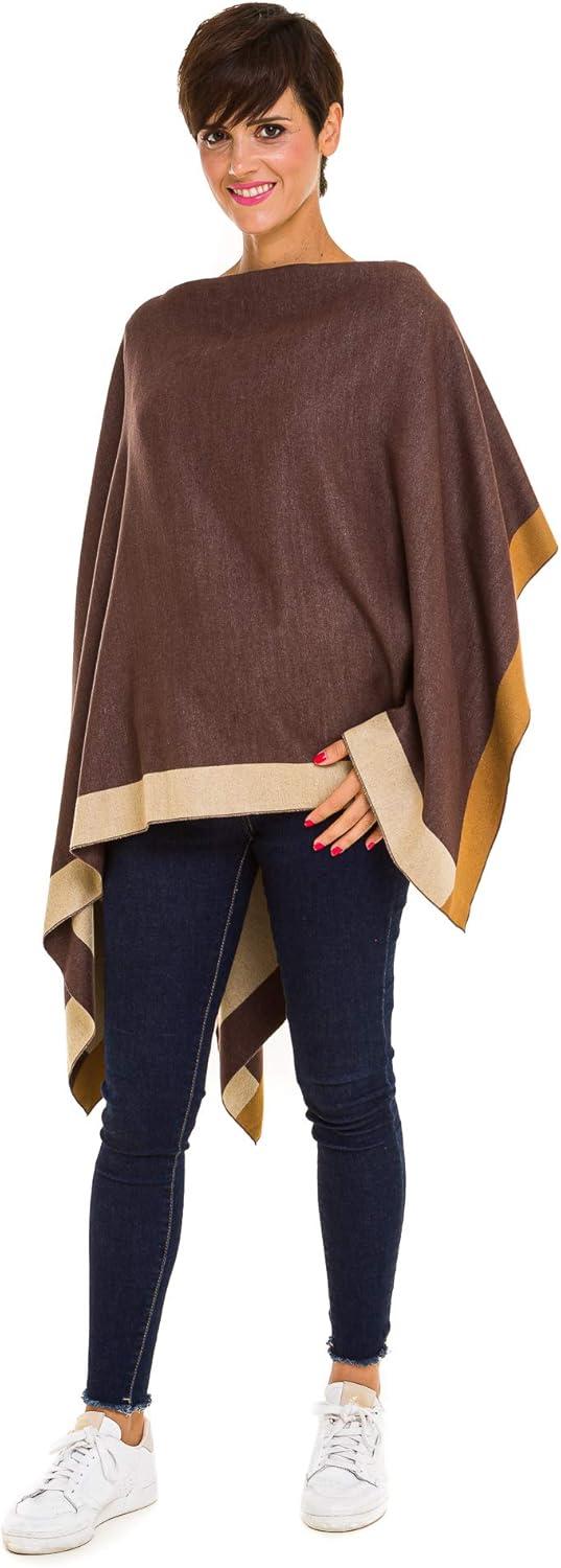 imageWomens Shawl Wrap Poncho Ruana Cape Cardigan Sweater Open Front for Fall WinterBorder Design  Beige and Brown