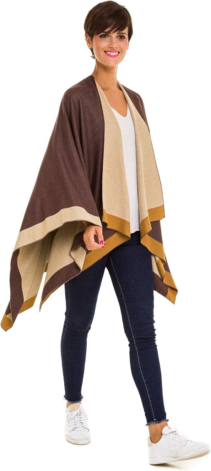 imageWomens Shawl Wrap Poncho Ruana Cape Cardigan Sweater Open Front for Fall WinterBorder Design  Beige and Brown
