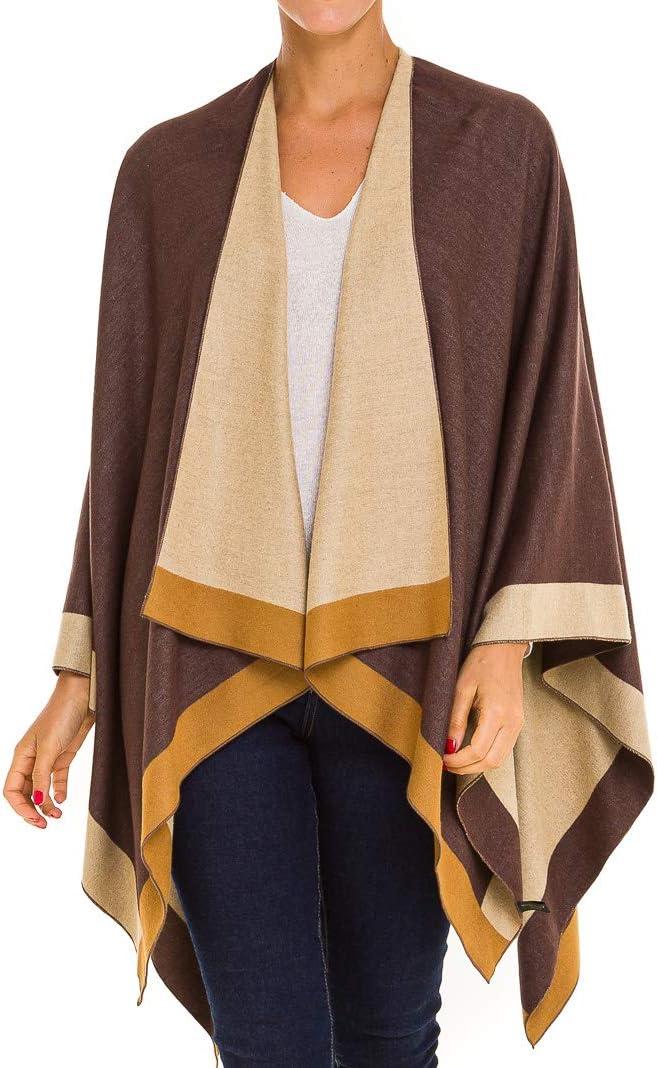 imageWomens Shawl Wrap Poncho Ruana Cape Cardigan Sweater Open Front for Fall WinterBorder Design  Beige and Brown