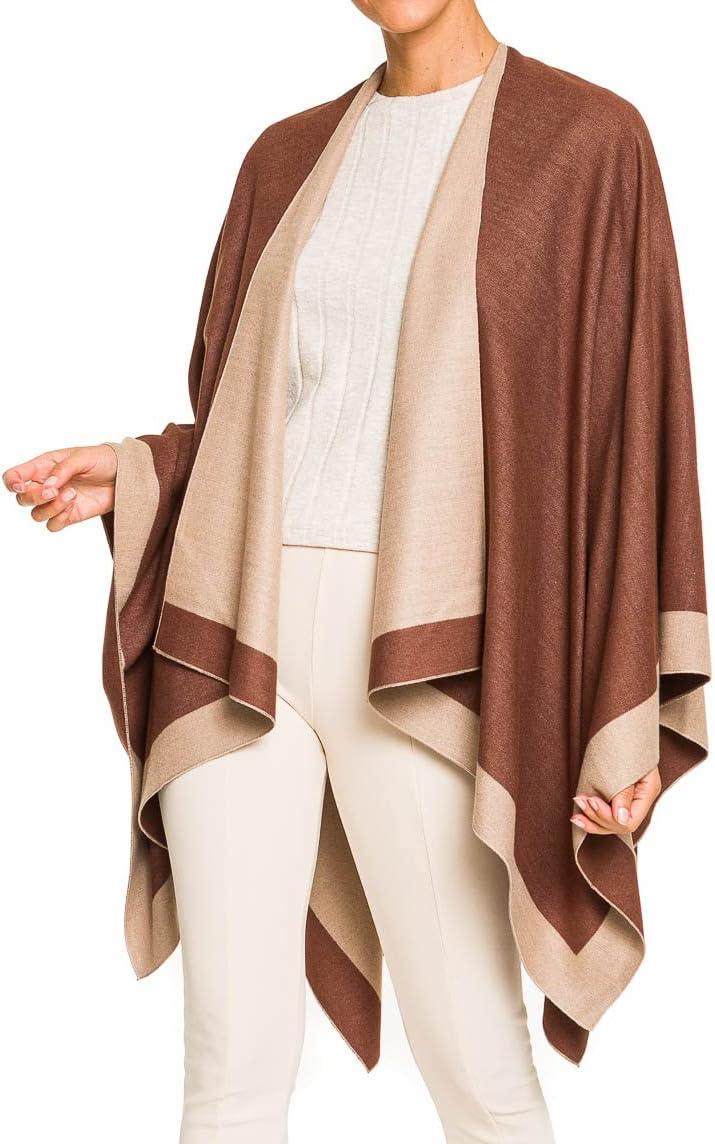 imageWomens Shawl Wrap Poncho Ruana Cape Cardigan Sweater Open Front for Fall WinterBorder Design  Beige and Chocolate