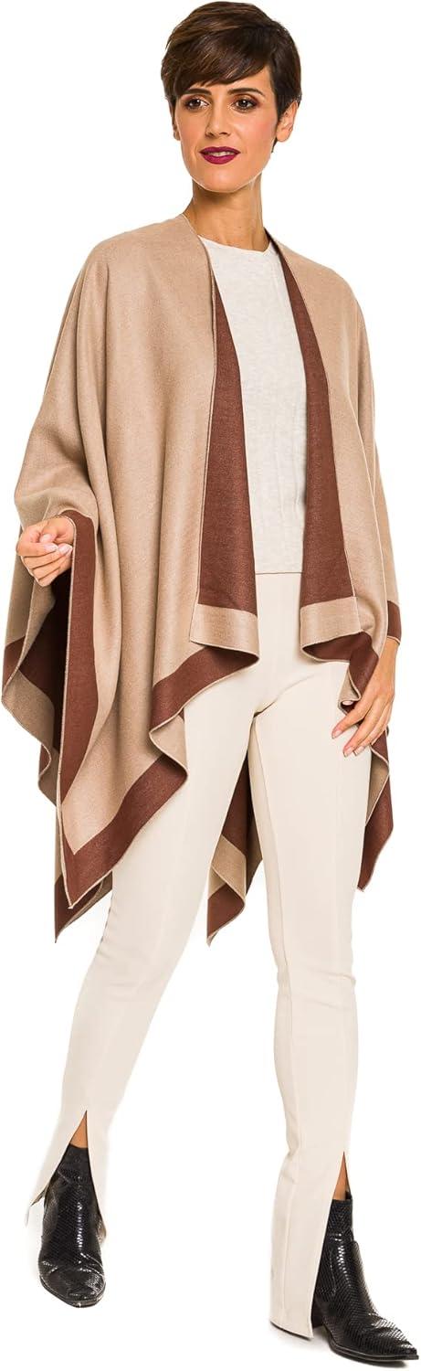 imageWomens Shawl Wrap Poncho Ruana Cape Cardigan Sweater Open Front for Fall WinterBorder Design  Beige and Chocolate