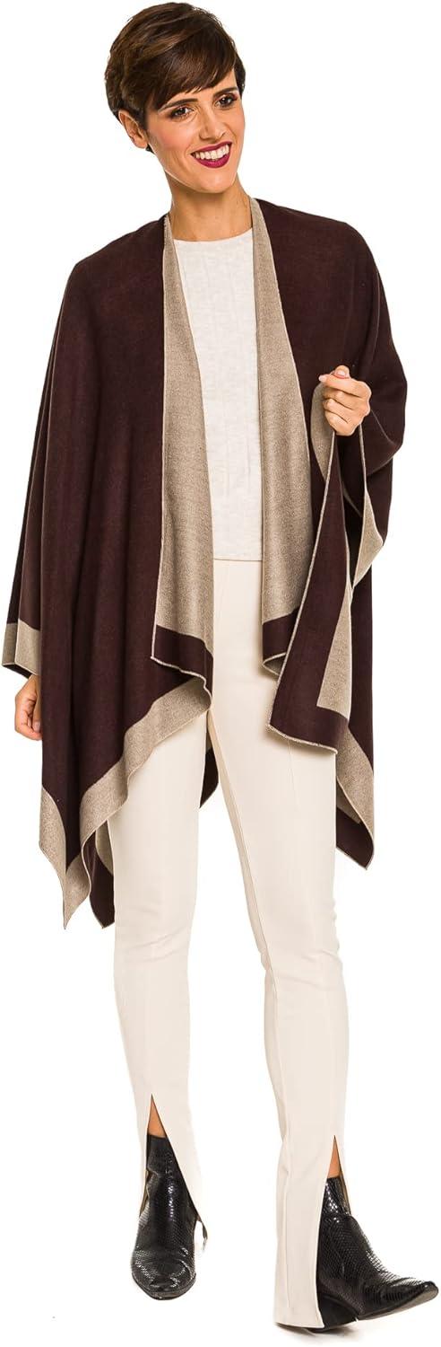 imageWomens Shawl Wrap Poncho Ruana Cape Cardigan Sweater Open Front for Fall WinterBorder Design  Beige and Dark Brown