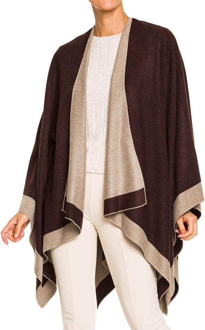 imageWomens Shawl Wrap Poncho Ruana Cape Cardigan Sweater Open Front for Fall WinterBorder Design  Beige and Dark Brown