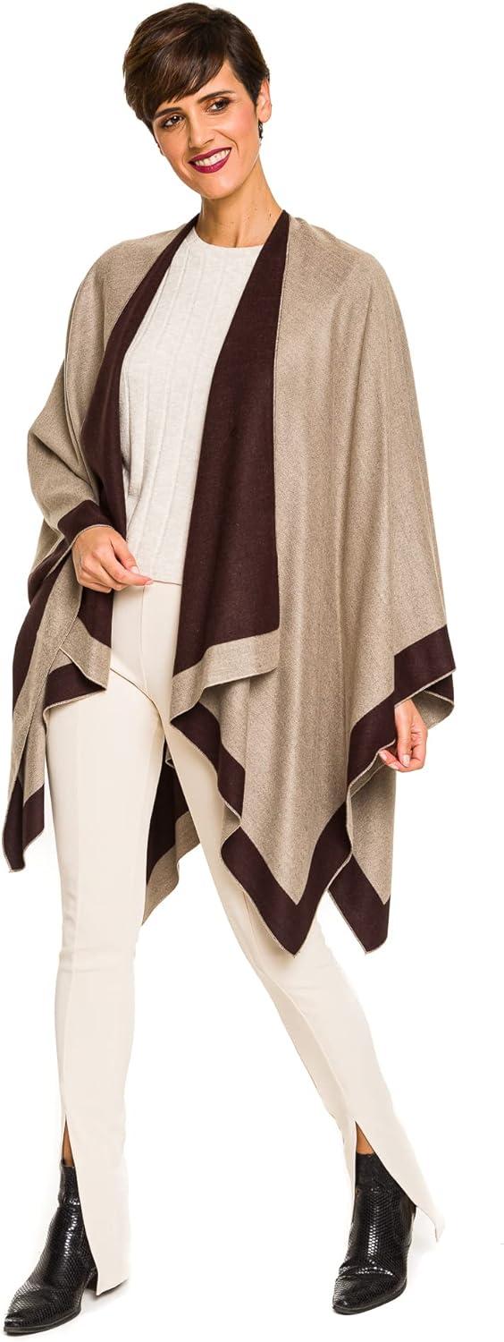 imageWomens Shawl Wrap Poncho Ruana Cape Cardigan Sweater Open Front for Fall WinterBorder Design  Beige and Dark Brown