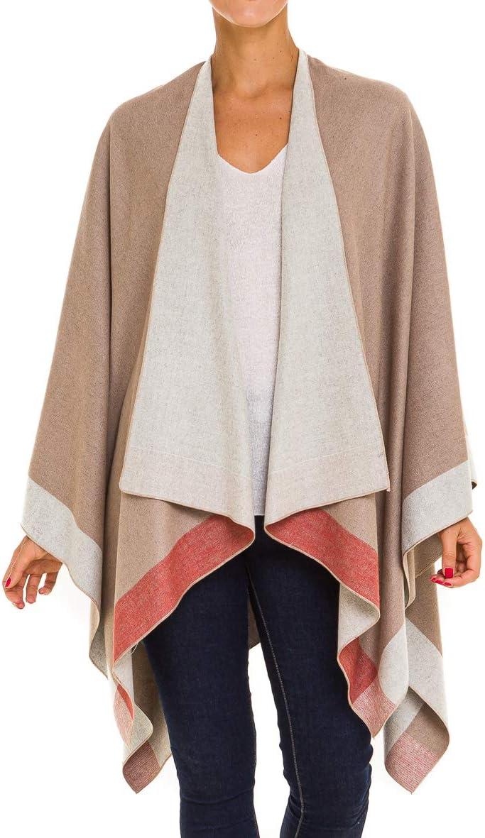 imageWomens Shawl Wrap Poncho Ruana Cape Cardigan Sweater Open Front for Fall WinterBorder Design  Beige and Gray