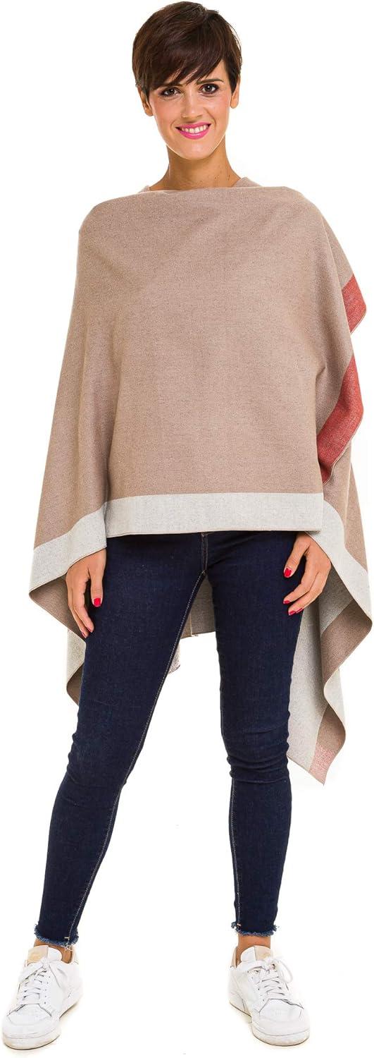 imageWomens Shawl Wrap Poncho Ruana Cape Cardigan Sweater Open Front for Fall WinterBorder Design  Beige and Gray