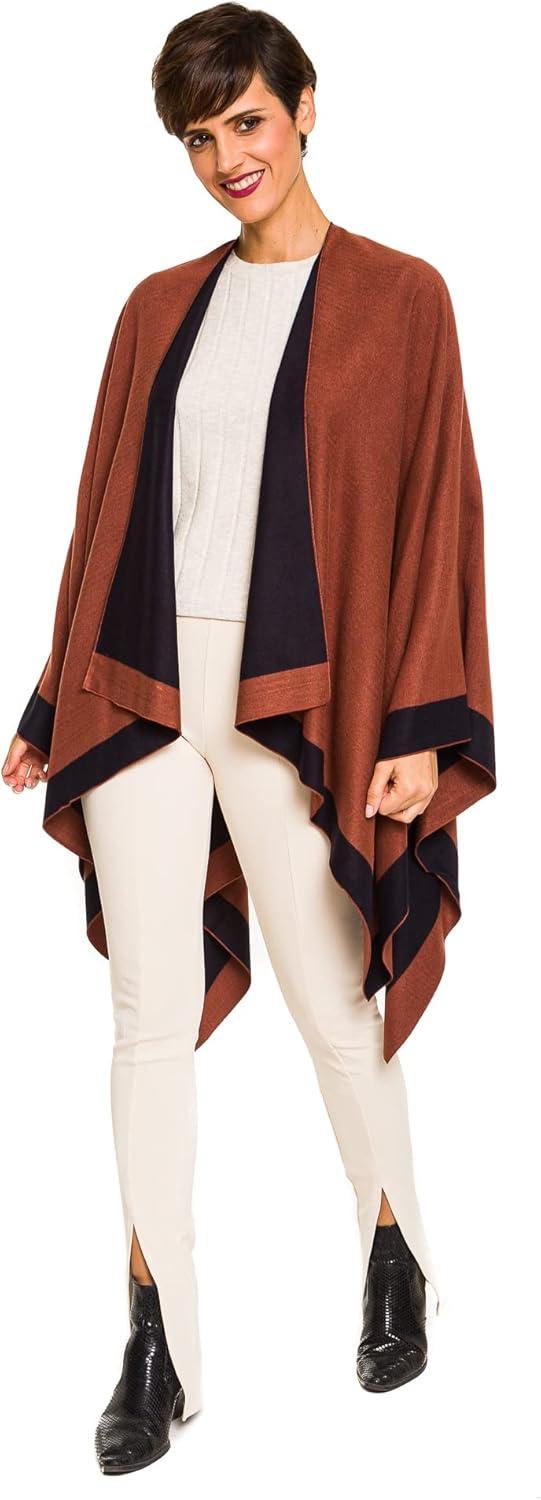 imageWomens Shawl Wrap Poncho Ruana Cape Cardigan Sweater Open Front for Fall WinterBorder Design  Black and Caramel