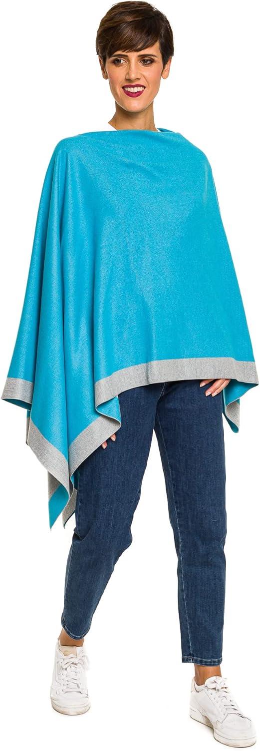 imageWomens Shawl Wrap Poncho Ruana Cape Cardigan Sweater Open Front for Fall WinterBorder Design  Blue and Gray