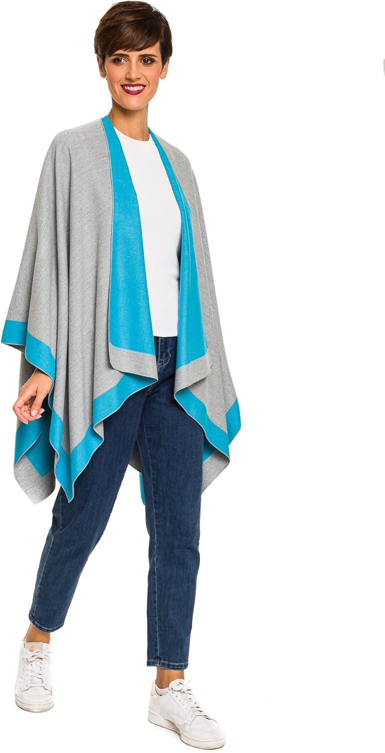 imageWomens Shawl Wrap Poncho Ruana Cape Cardigan Sweater Open Front for Fall WinterBorder Design  Blue and Gray