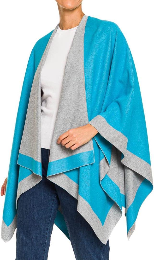imageWomens Shawl Wrap Poncho Ruana Cape Cardigan Sweater Open Front for Fall WinterBorder Design  Blue and Gray