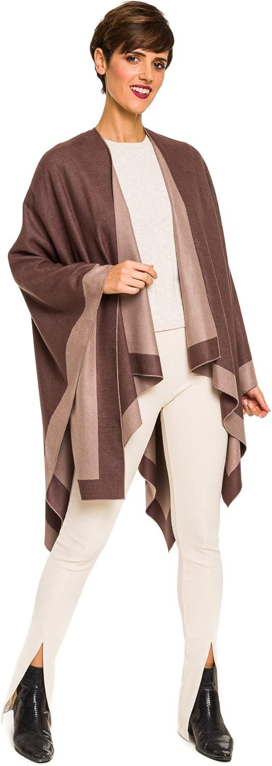 imageWomens Shawl Wrap Poncho Ruana Cape Cardigan Sweater Open Front for Fall WinterBorder Design  Brown and Beige