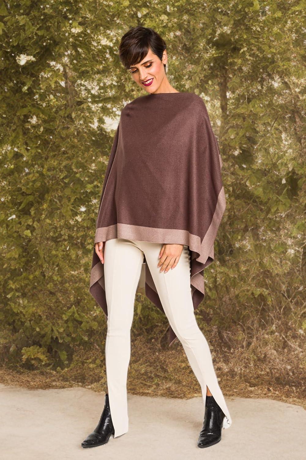 imageWomens Shawl Wrap Poncho Ruana Cape Cardigan Sweater Open Front for Fall WinterBorder Design  Brown and Beige