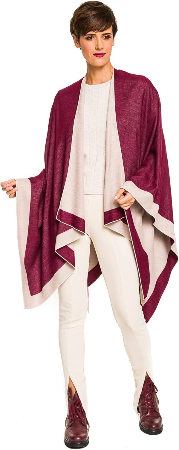 imageWomens Shawl Wrap Poncho Ruana Cape Cardigan Sweater Open Front for Fall WinterBorder Design  Burgundy and Beige