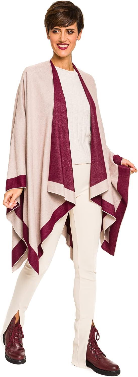 imageWomens Shawl Wrap Poncho Ruana Cape Cardigan Sweater Open Front for Fall WinterBorder Design  Burgundy and Beige
