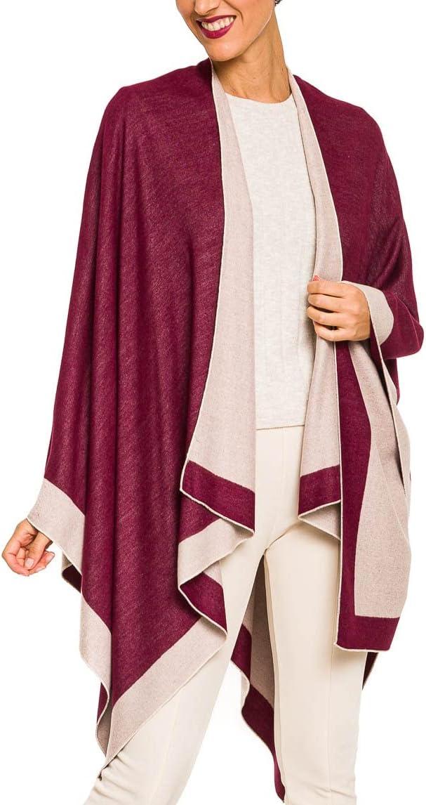 imageWomens Shawl Wrap Poncho Ruana Cape Cardigan Sweater Open Front for Fall WinterBorder Design  Burgundy and Beige