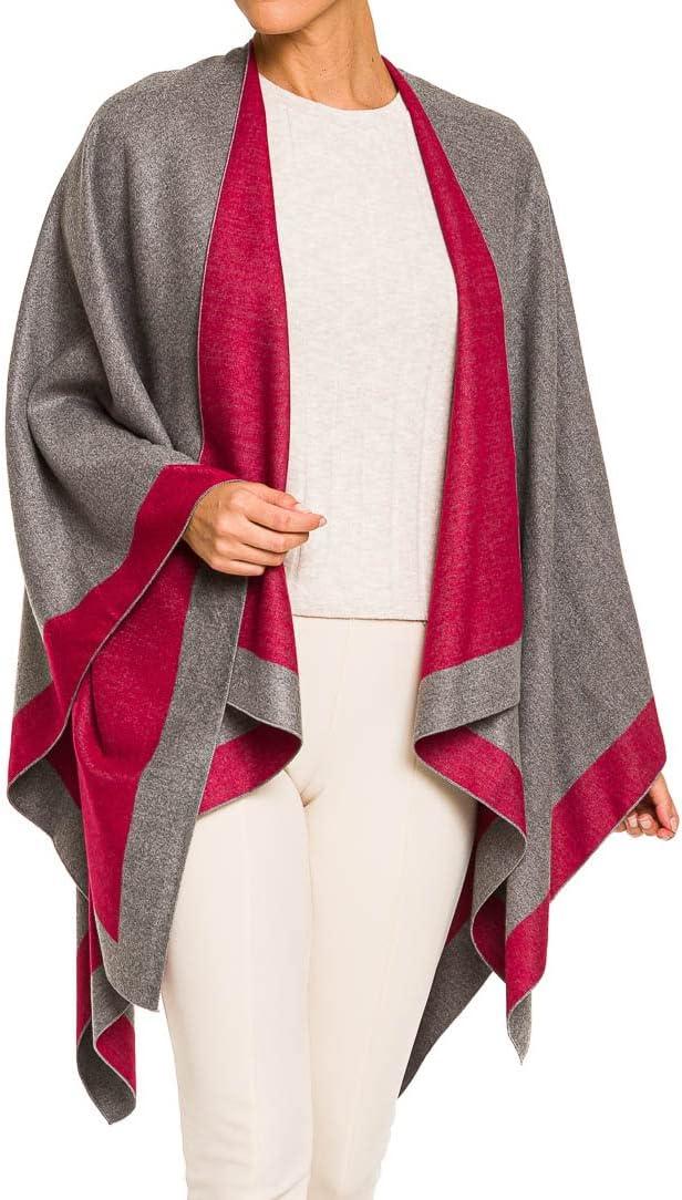 imageWomens Shawl Wrap Poncho Ruana Cape Cardigan Sweater Open Front for Fall WinterBorder Design  Burgundy and Light Gray