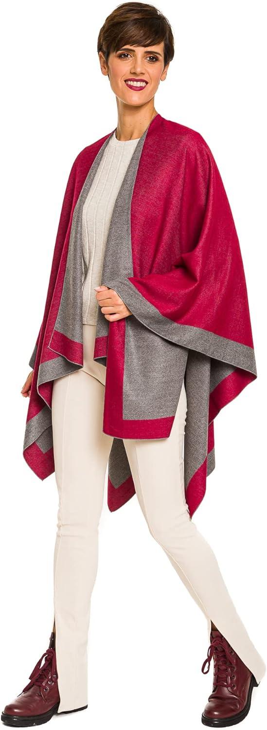 imageWomens Shawl Wrap Poncho Ruana Cape Cardigan Sweater Open Front for Fall WinterBorder Design  Burgundy and Light Gray