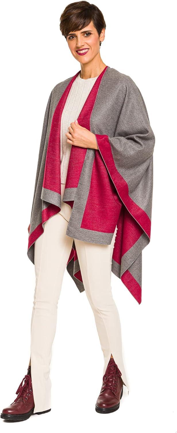 imageWomens Shawl Wrap Poncho Ruana Cape Cardigan Sweater Open Front for Fall WinterBorder Design  Burgundy and Light Gray