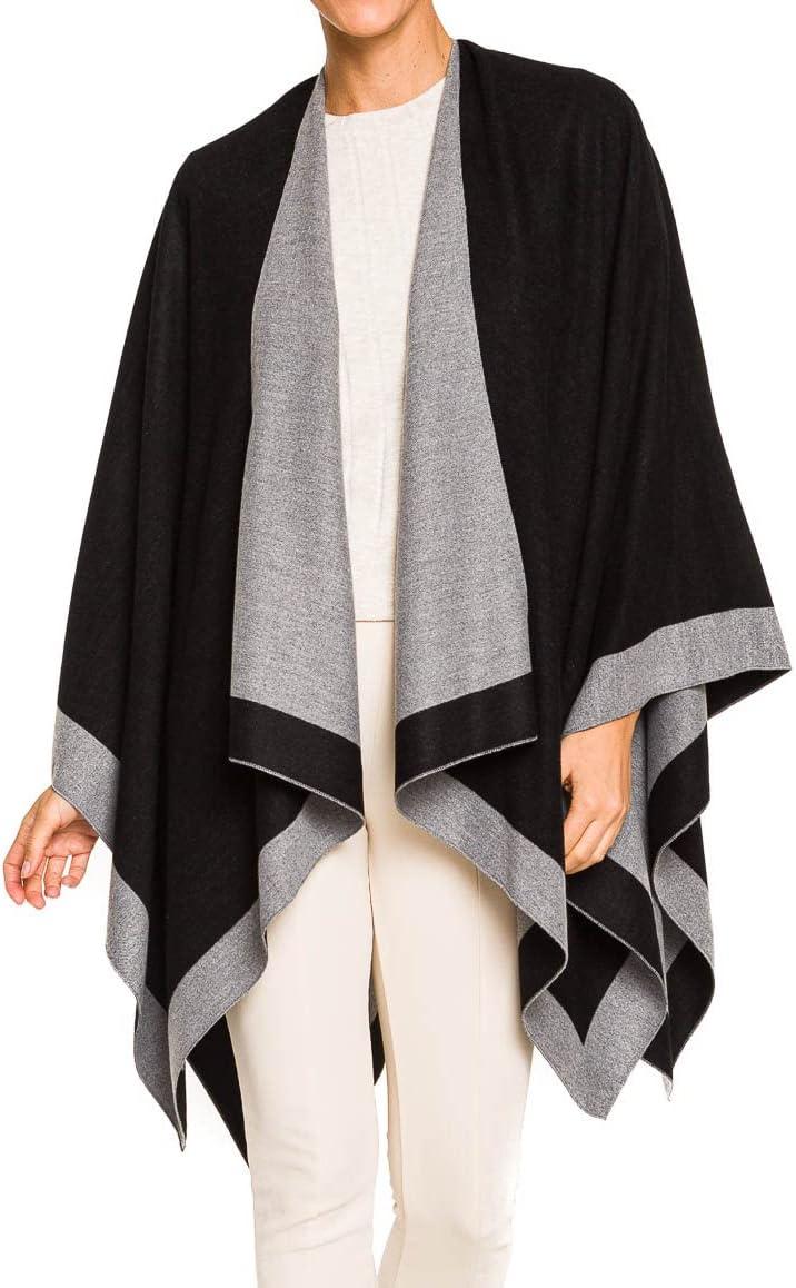 imageWomens Shawl Wrap Poncho Ruana Cape Cardigan Sweater Open Front for Fall WinterBorder Design  Dark Gray and Brown
