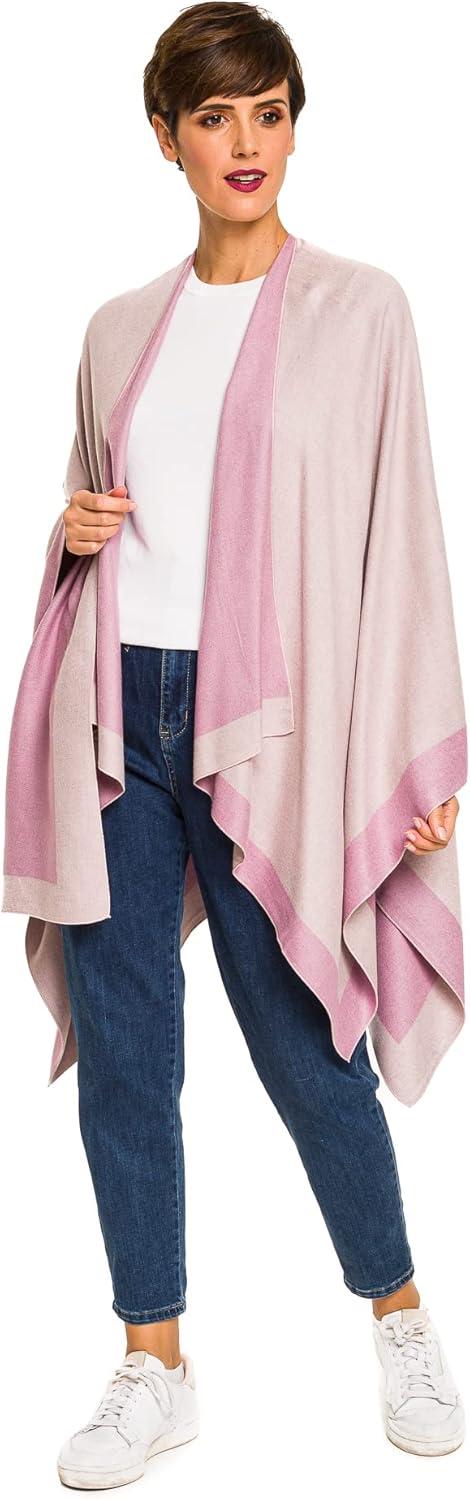 imageWomens Shawl Wrap Poncho Ruana Cape Cardigan Sweater Open Front for Fall WinterBorder Design  Double Pink