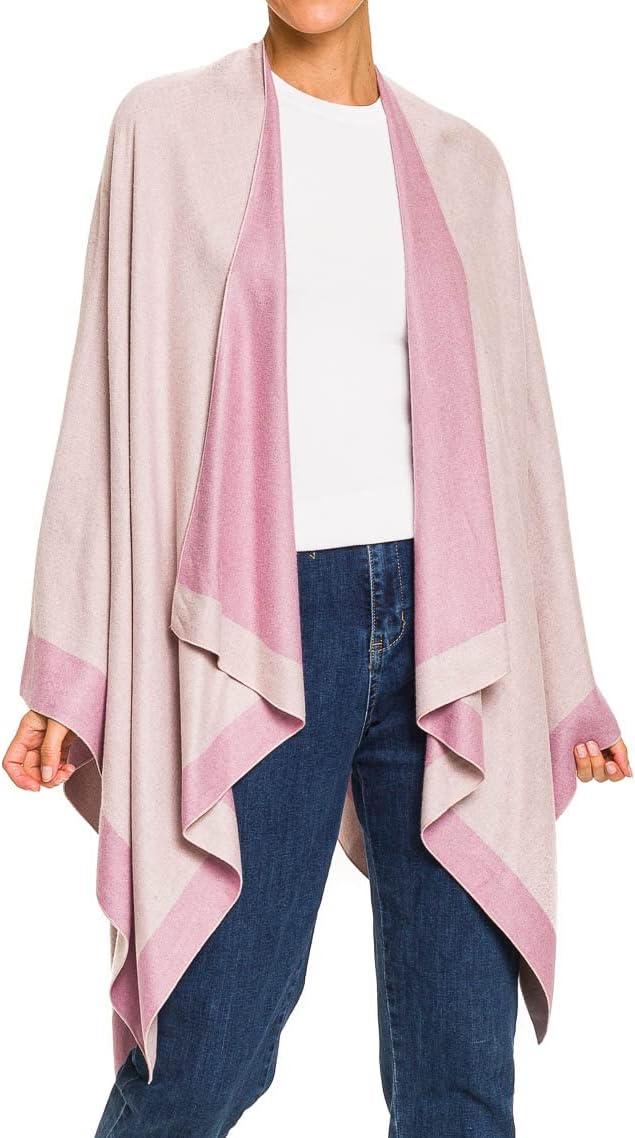 imageWomens Shawl Wrap Poncho Ruana Cape Cardigan Sweater Open Front for Fall WinterBorder Design  Double Pink