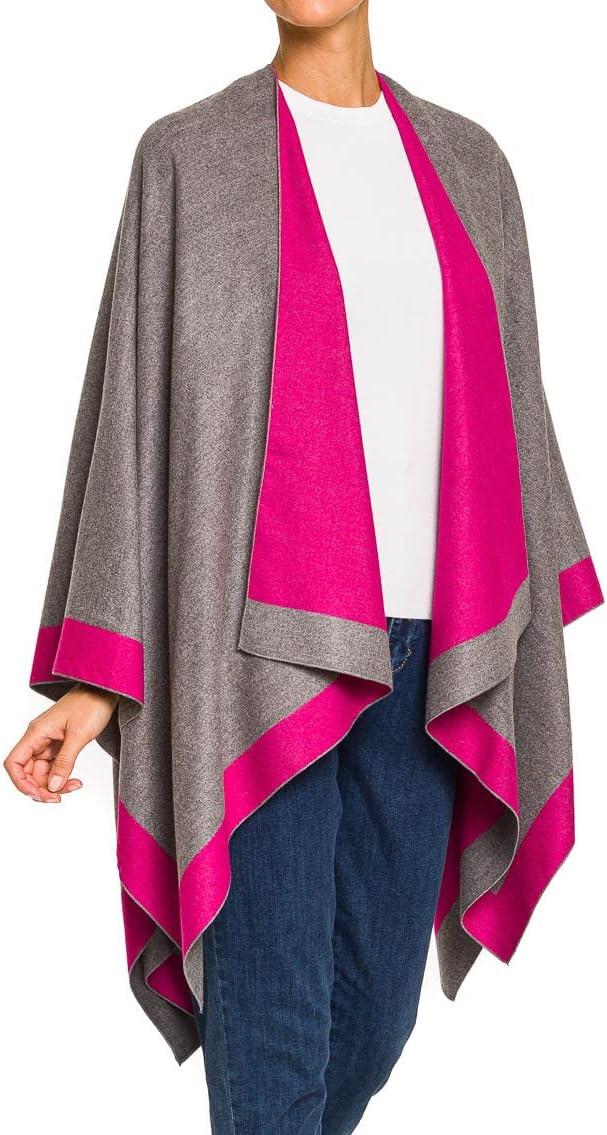 imageWomens Shawl Wrap Poncho Ruana Cape Cardigan Sweater Open Front for Fall WinterBorder Design  Fuschia and Gray