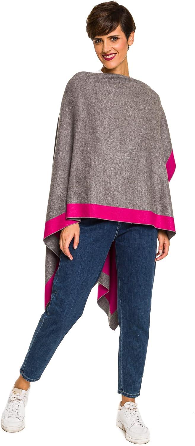 imageWomens Shawl Wrap Poncho Ruana Cape Cardigan Sweater Open Front for Fall WinterBorder Design  Fuschia and Gray