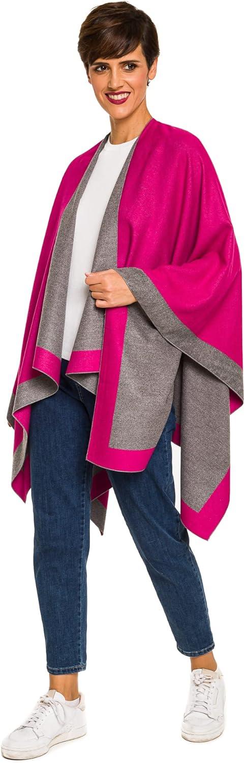 imageWomens Shawl Wrap Poncho Ruana Cape Cardigan Sweater Open Front for Fall WinterBorder Design  Fuschia and Gray