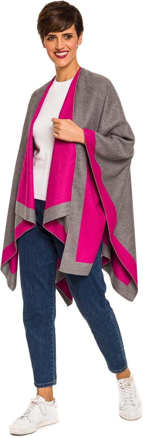 imageWomens Shawl Wrap Poncho Ruana Cape Cardigan Sweater Open Front for Fall WinterBorder Design  Fuschia and Gray
