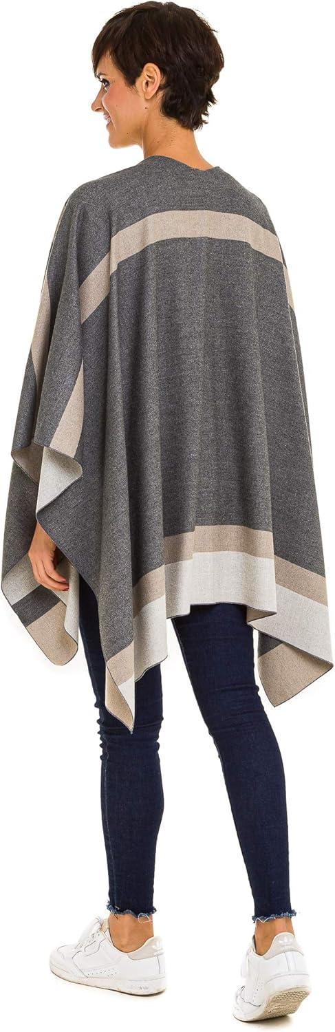 imageWomens Shawl Wrap Poncho Ruana Cape Cardigan Sweater Open Front for Fall WinterBorder Design  Gray and Beige