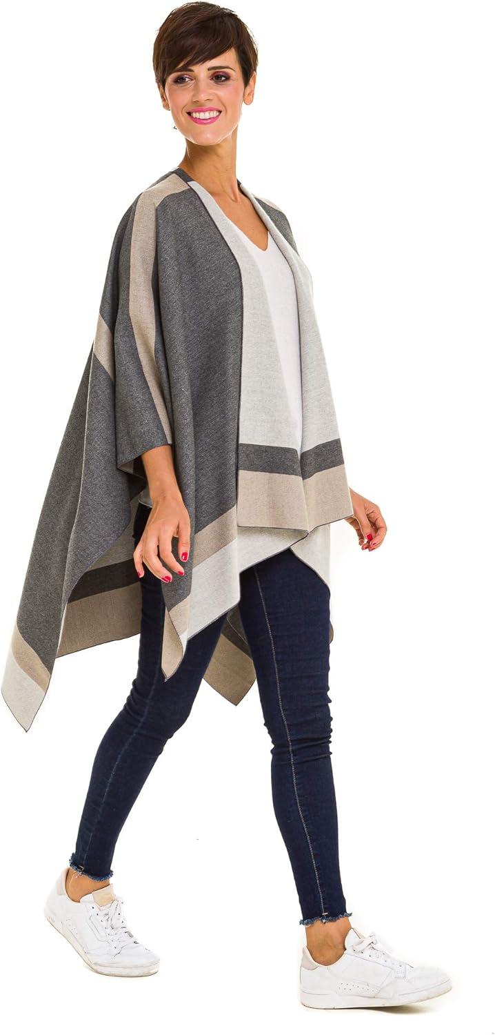 imageWomens Shawl Wrap Poncho Ruana Cape Cardigan Sweater Open Front for Fall WinterBorder Design  Gray and Beige