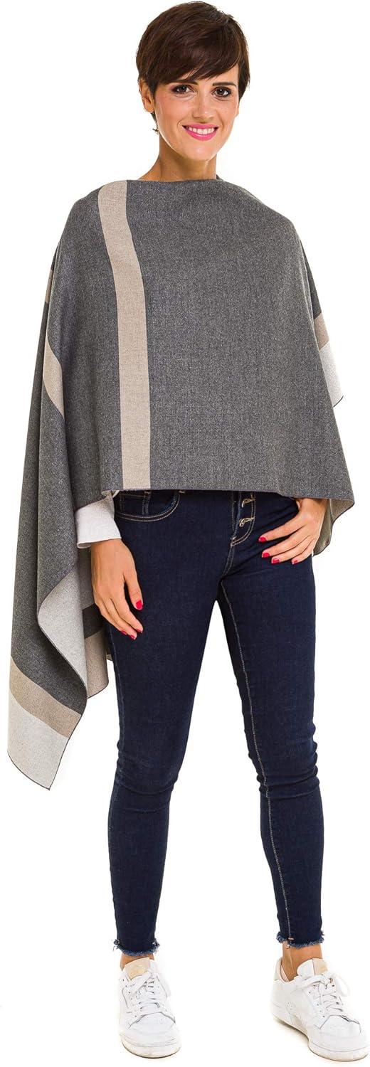 imageWomens Shawl Wrap Poncho Ruana Cape Cardigan Sweater Open Front for Fall WinterBorder Design  Gray and Beige