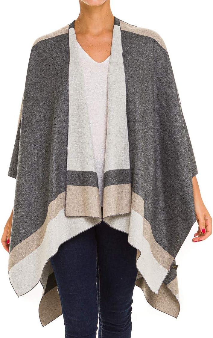 imageWomens Shawl Wrap Poncho Ruana Cape Cardigan Sweater Open Front for Fall WinterBorder Design  Gray and Beige
