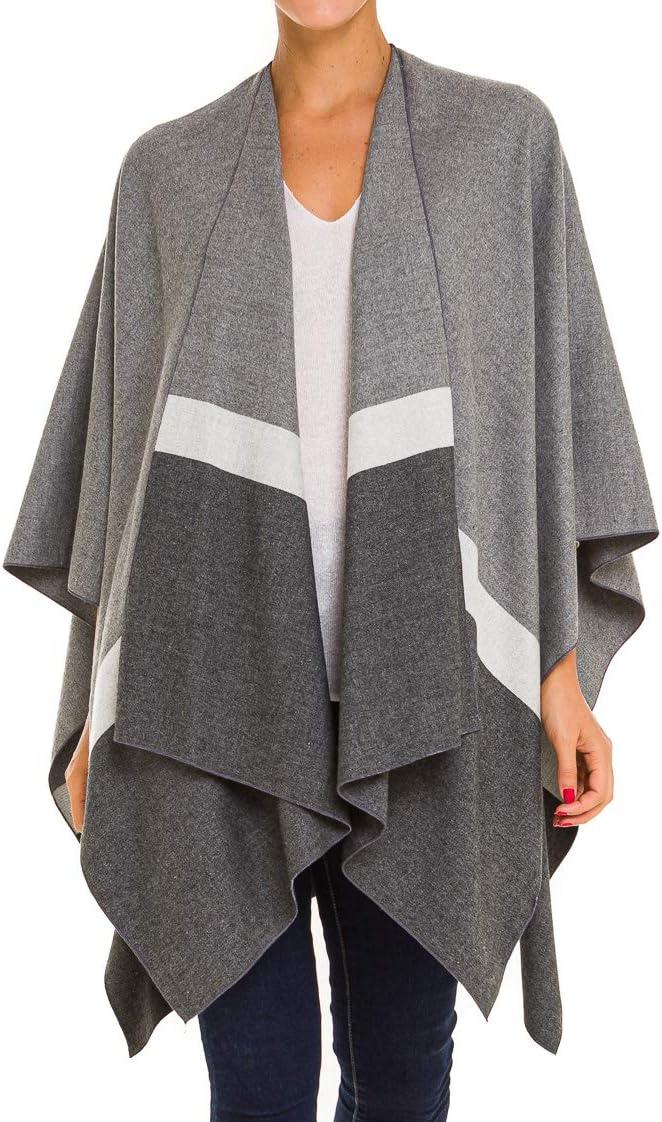 imageWomens Shawl Wrap Poncho Ruana Cape Cardigan Sweater Open Front for Fall WinterBorder Design  Gray and Black
