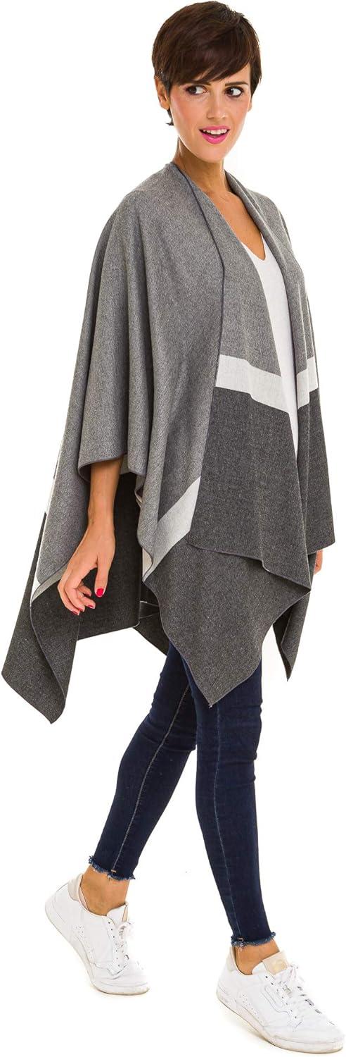 imageWomens Shawl Wrap Poncho Ruana Cape Cardigan Sweater Open Front for Fall WinterBorder Design  Gray and Black