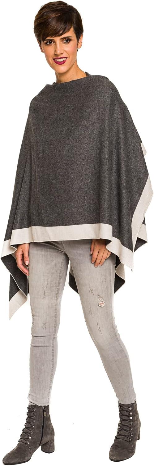 imageWomens Shawl Wrap Poncho Ruana Cape Cardigan Sweater Open Front for Fall WinterBorder Design  Gray and Light Beige Ii