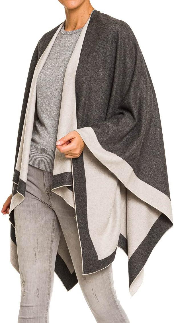 imageWomens Shawl Wrap Poncho Ruana Cape Cardigan Sweater Open Front for Fall WinterBorder Design  Gray and Light Beige Ii