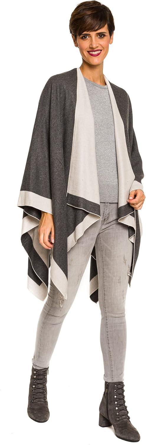 imageWomens Shawl Wrap Poncho Ruana Cape Cardigan Sweater Open Front for Fall WinterBorder Design  Gray and Light Beige Ii