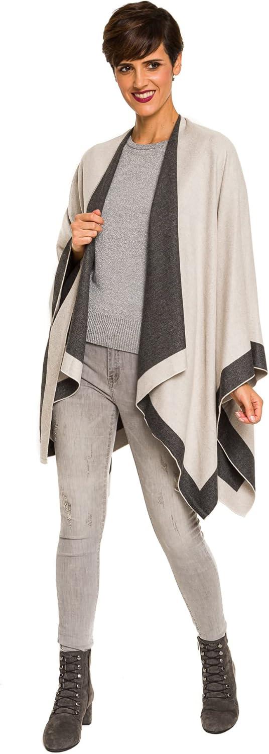 imageWomens Shawl Wrap Poncho Ruana Cape Cardigan Sweater Open Front for Fall WinterBorder Design  Gray and Light Beige Ii