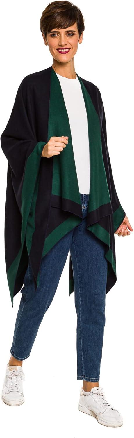 imageWomens Shawl Wrap Poncho Ruana Cape Cardigan Sweater Open Front for Fall WinterBorder Design  Green and Navy